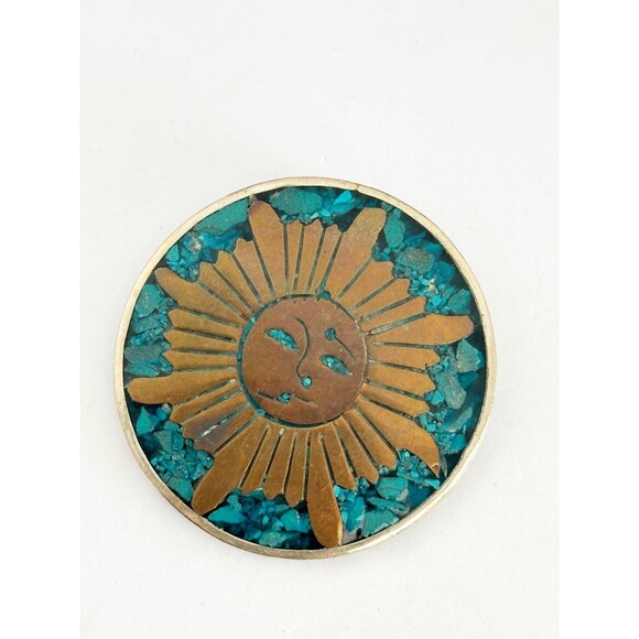 Taxco Jewelry - Taxco Mexico Silver Turquoise Mosaic Inlay Brass Sun Face Pendant Brooch